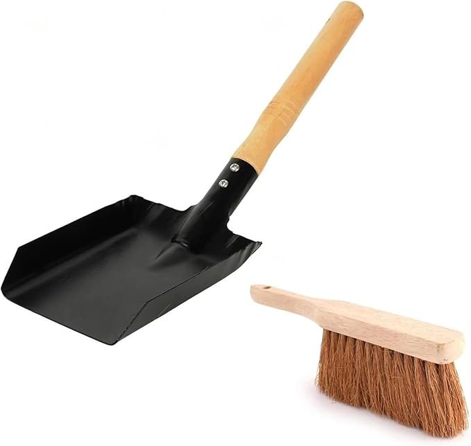PNJB, Grill Ash Pan Metal Dustpan, Carbon Steel Fireplace Coal Ash Shovel with Wooden Handle