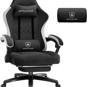 GTPLAYER Fabric Gaming Chair with Footrest, Ergonomic Computer Desk Chair with Pocket Spring Cushion Home Office High Back Support Lumbar Support Heavy Duty Wide，Dark Black