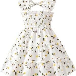 FishingDino Toddler Baby Girls' Dresses 1-6T, Lightweight Girls Sleeveless Ruffle Smocked Dress with Back Tie Summer Outfits Beach Sundress