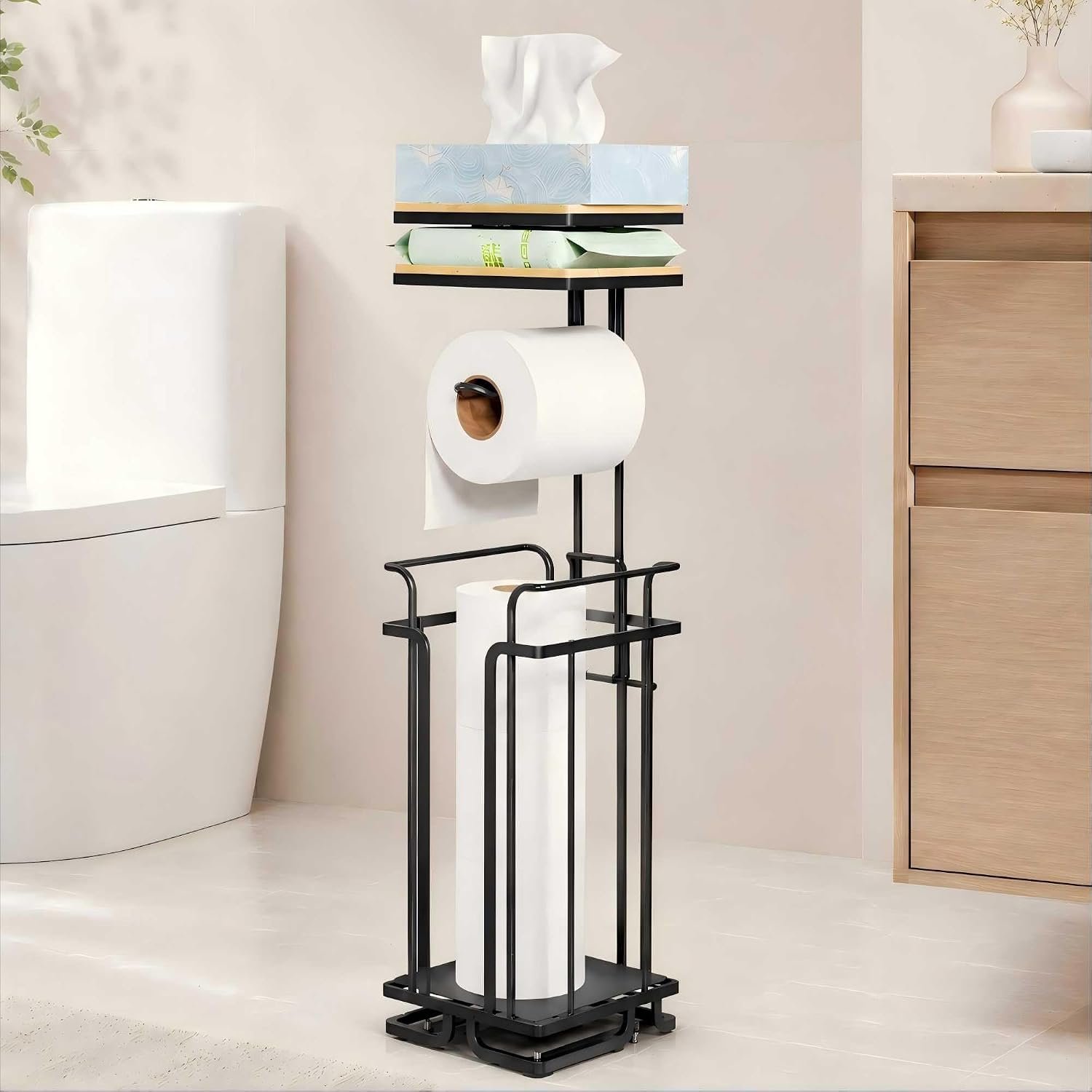 Free Standing Toilet Roll Holder with Shelf, Black Toilet Paper Holder Stand Holds 4 Rolls, Toilet Paper Storage with Wooden Shelves, Rustproof Toilet Tissue Holder for Bathroom