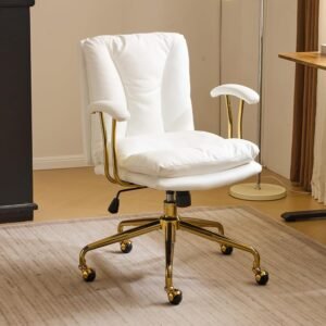 Bonnlo Home Office Desk Chair Comfy with Wheels & Removable Armrests,Gold Base Vanity Chair with Back, Adjustable Rolling Swivel Computer Task Chair for Study,Makeup,Office,Bedroom,PU Leather,White