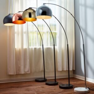 Teamson Home Standing Floor Lamp for Living Room, Arquer 170cm Tall Lamp, Bedroom Lighting, Living Room Accessories with Faux Black Marble Base and Black Bell Shade