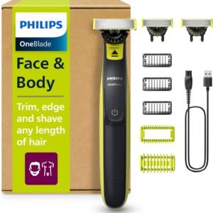 Philips OneBlade Hybrid 360 Blade Technology Electric Shaver for Face & Body, Beard Trimmer/Groomer with 3 x 360 Blade, 3 x Stubble Comb (1,3,5mm) & 1x Body Kit, Model QP2824/31