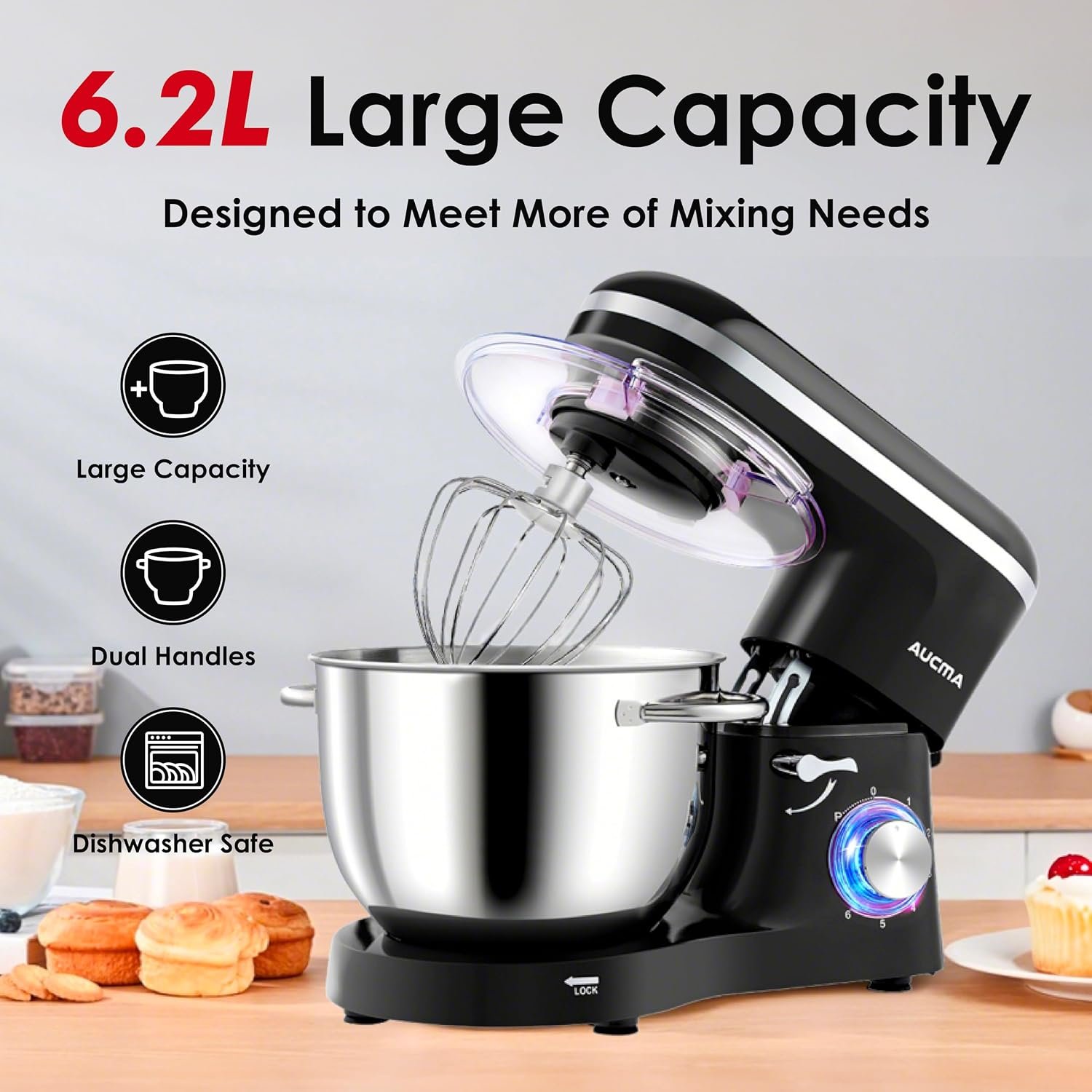 Click to see full view 4 VIDEOS Aucma Stand Mixer,Electric Food Mixer with 6.2L Bowl for Home Baking, 1400W
