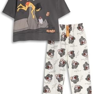 Disney The Jungle Book Womens Black Off-White Short Sleeve Long Leg Pyjama Set | Cartoon Sleepwear with Baloo & Mowgli Design | Relaxation Nightwear Merch